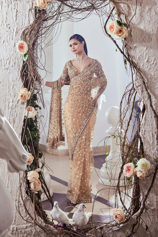 Rowena Beige/Gold Hand Embellished Net Saree Set With Plunge Neckline