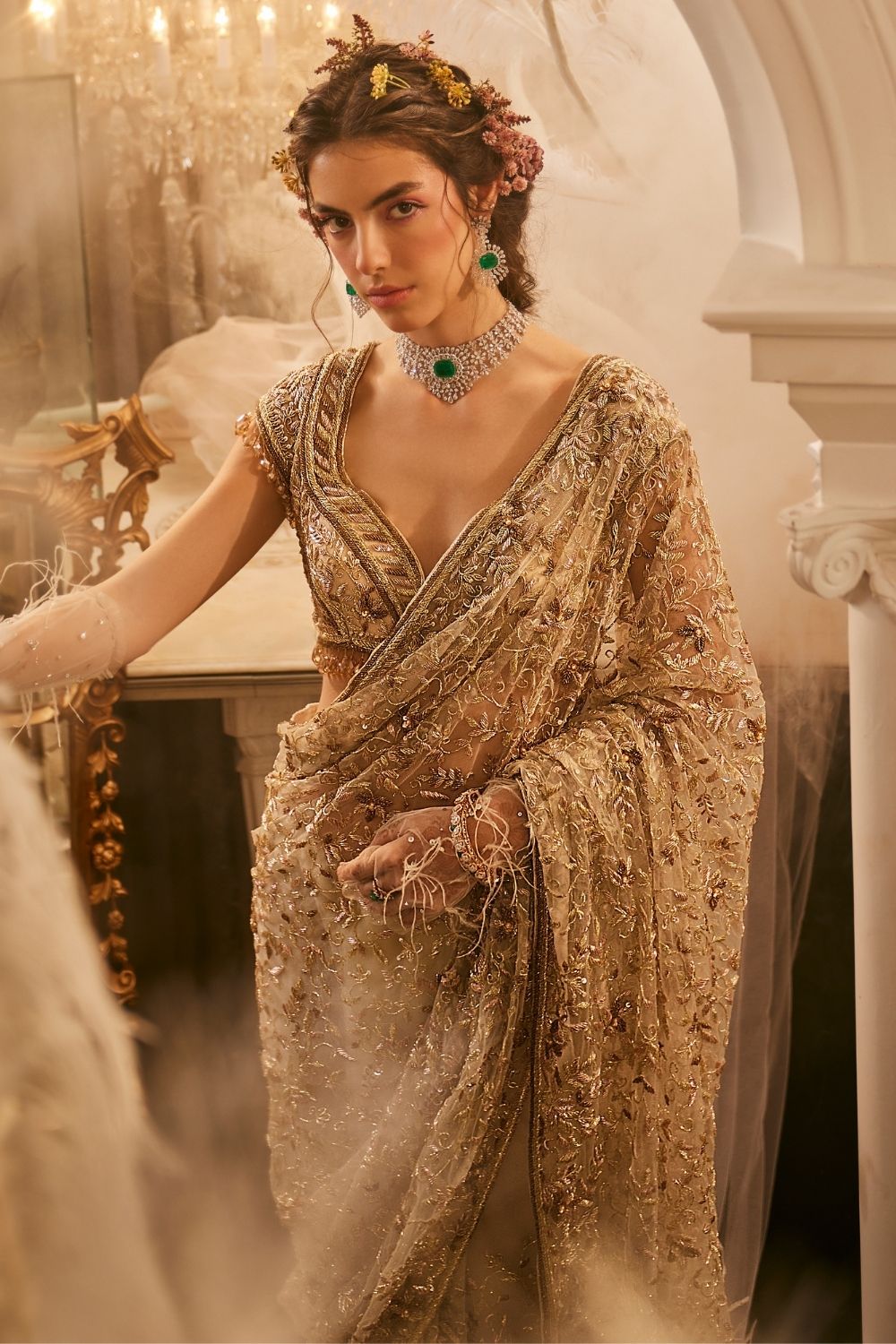 Ceres Ivory Embellished Net Saree and Blouse