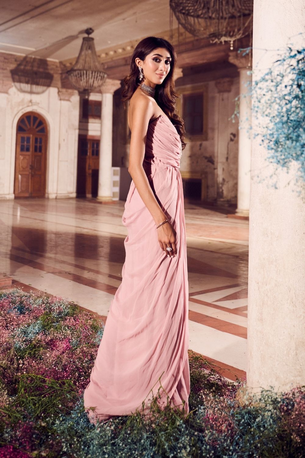 Nayantara (Rose Gold) Mirrorwork Draped Gown