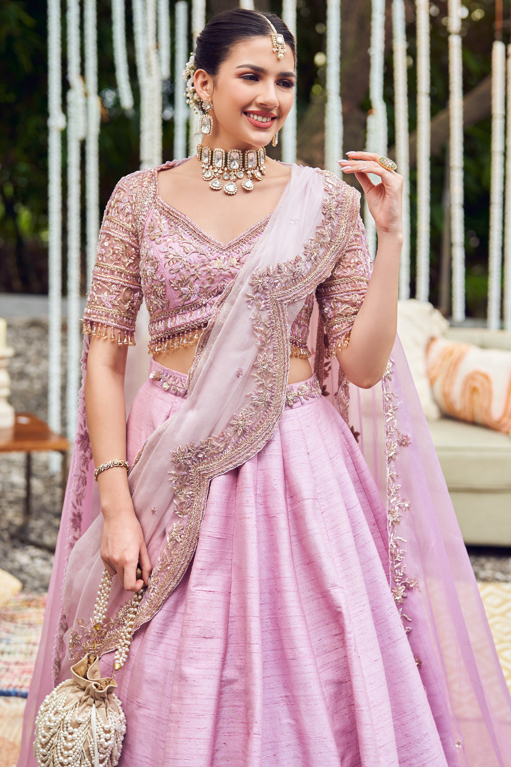 Lilac Lullaby Raw Silk Embroidery Sequin Bloom Waistband Lehenga Set