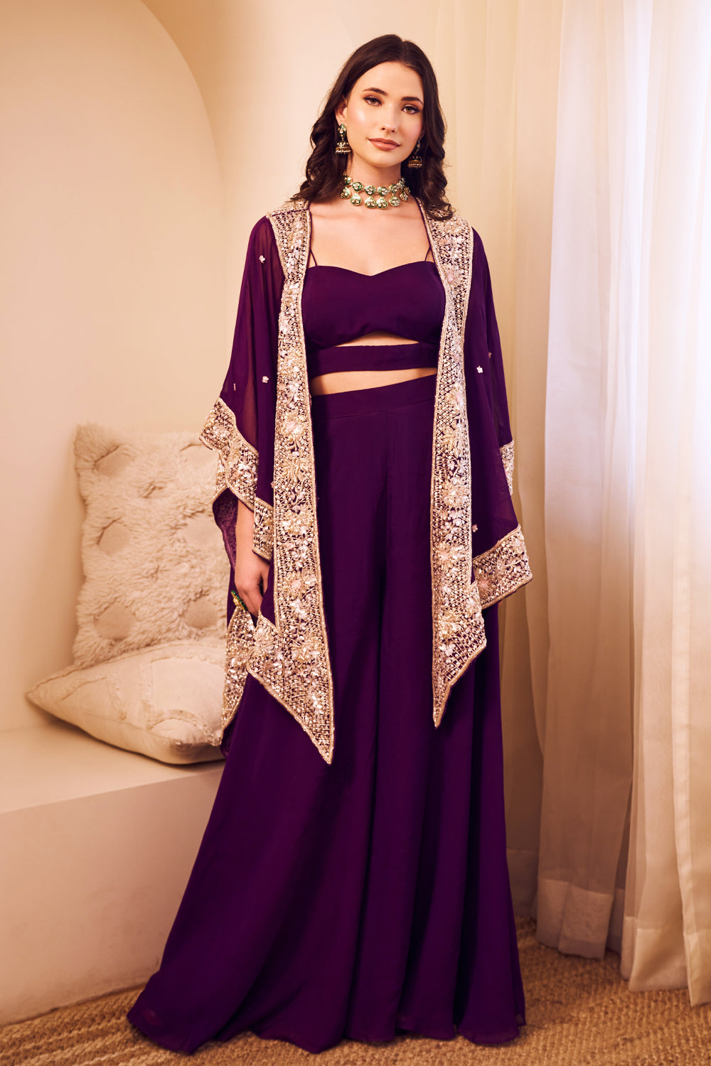 Mast Magan Purple Organza Lining Shantoon Embroidery Noor Bahar Cape Set
