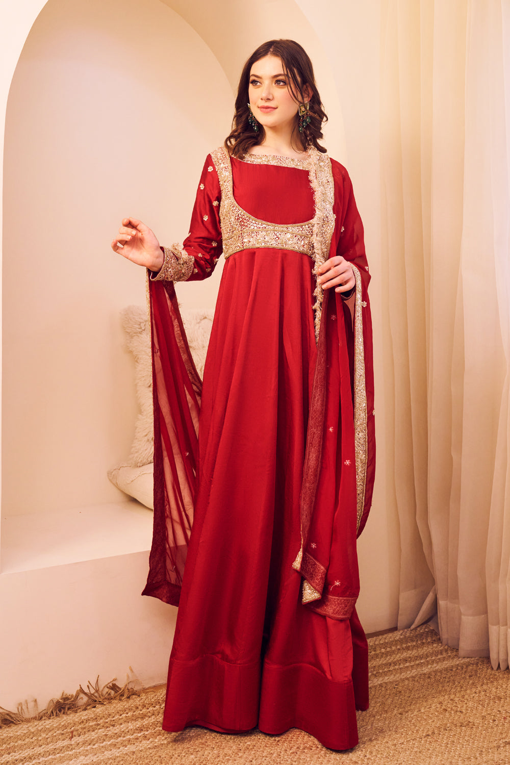 Meherbaan Maroon Satin Silk Lining Shantoon Ditsy Bloom Anarkali Set