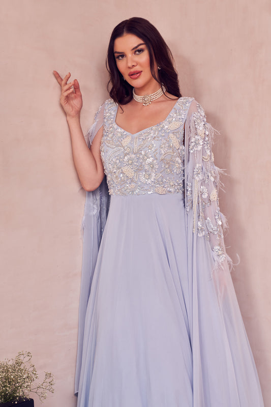 Powder Blue Whisper Embellished Perals Sweetheart Neckline Gown with Cape Sleeves