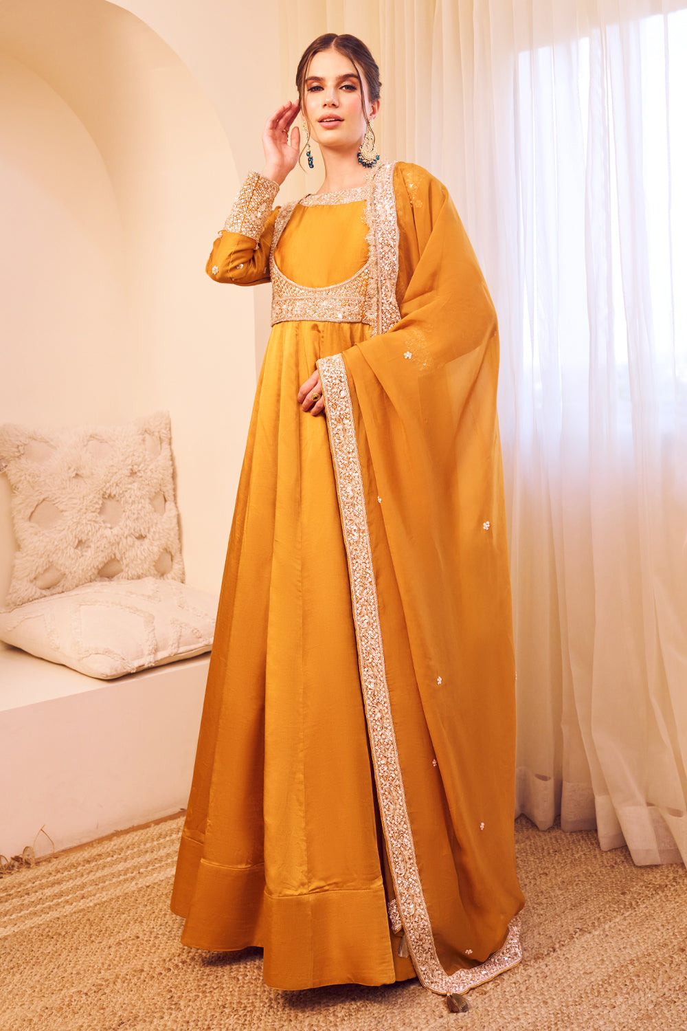 Meherbaan Yellow Satin Silk Lining Shantoon Ditsy Blossom Anarkali Set