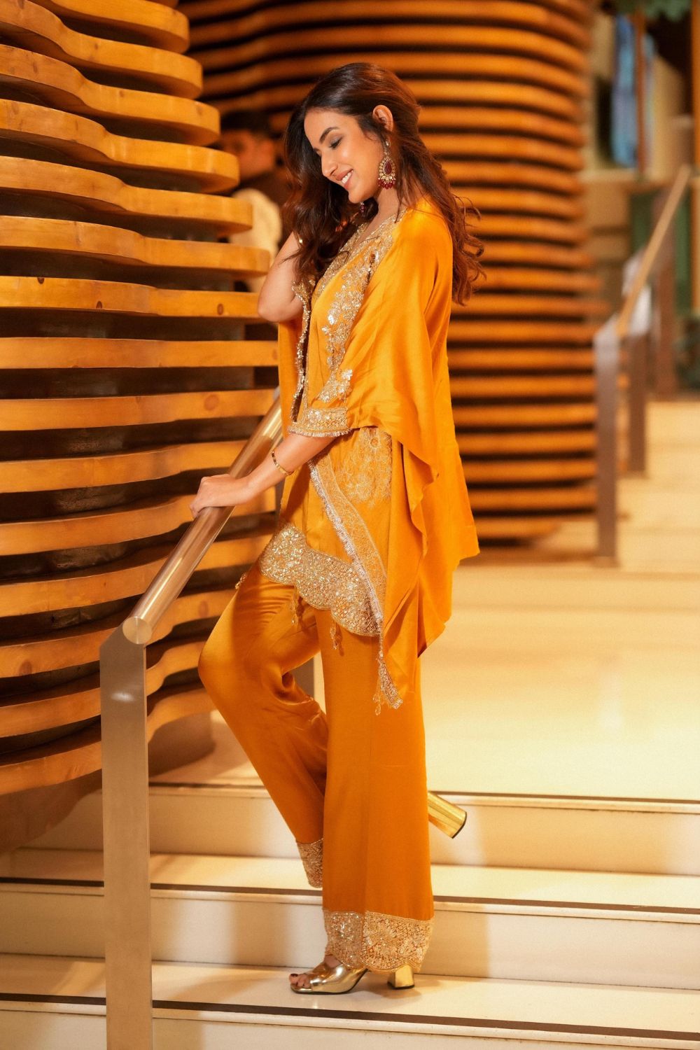 Jasmine Bhasin in Seher Yellow Satin Silk Lining Shantoon Embroidery Gullista Kaftan With Pant