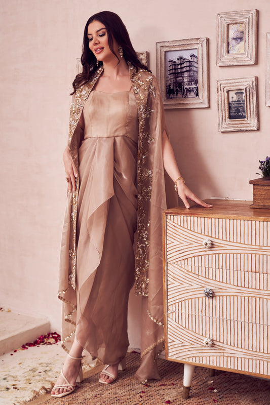 Old Gold Glass Organza Lining Shantoon Bloom Cape With Waterfall Drape Gown