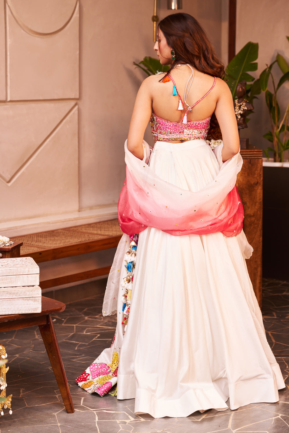 Meher Ivory Kora Organza Floral Sequins Embellishment & Embroidered Lehenga Set