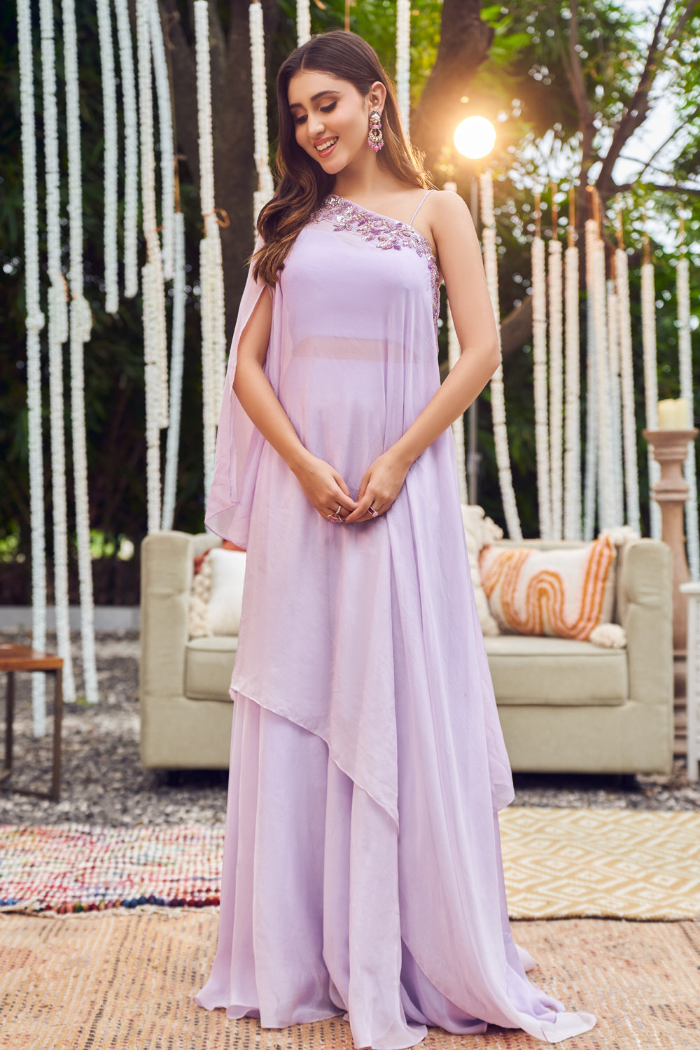 Periwinkle Purple Organza Lining Shantoon Embroidery Kaftan Set