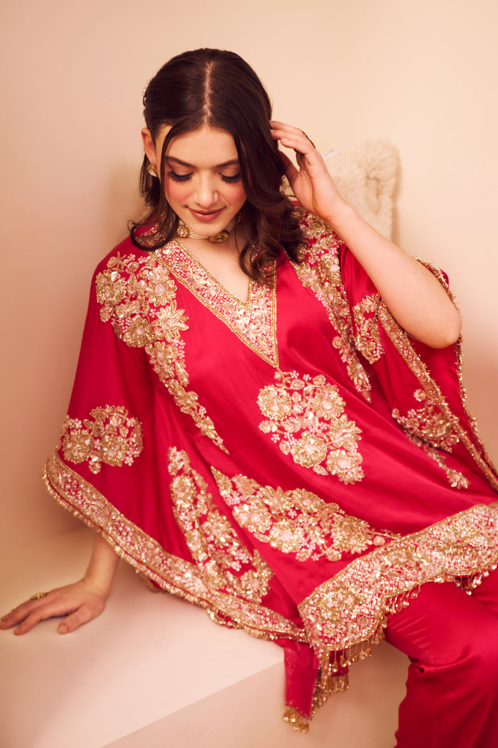 Seher Hot Pink Satin Silk Lining Shantoon Gullistta Bloom Kaftan With Pant