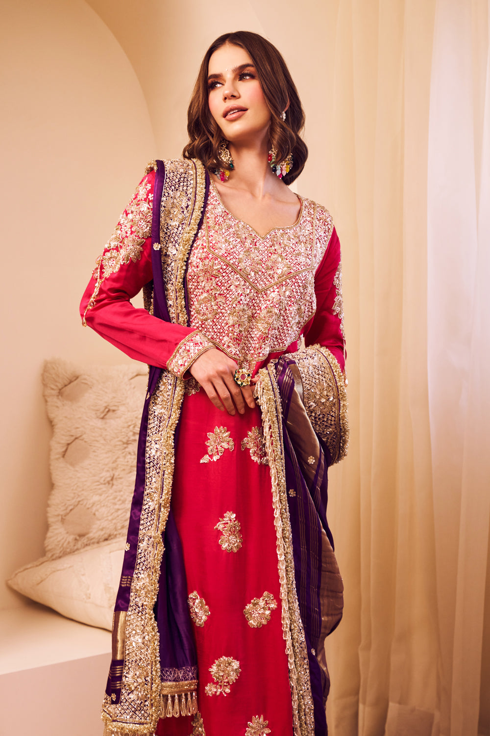 Gehraaiyaan Hot Pink Purple Satin Silk Embroidery Sequin Mughal Blossom Kurta Pant Set