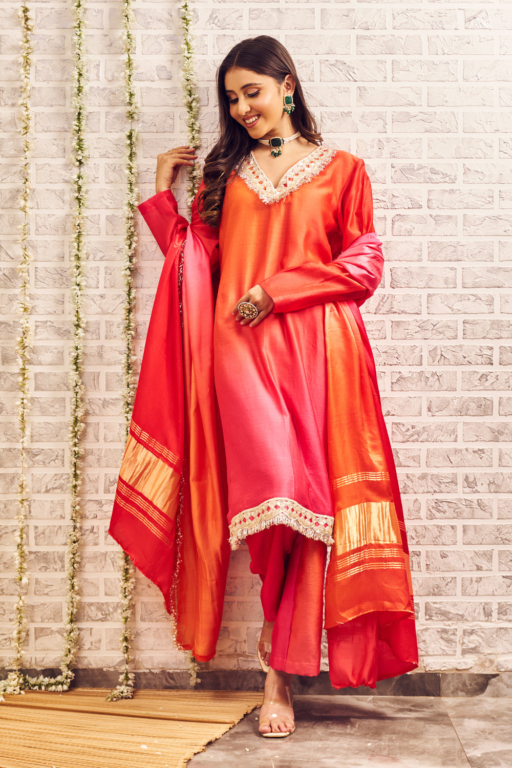 Shagna Hoor Orange Pink Chanderi Kurta Pants with Dupatta Set