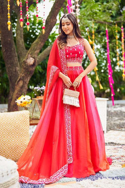 Rosewood Ombre Red Viscose Organza Embroidery Crystals Sweetheart Lehenga Set
