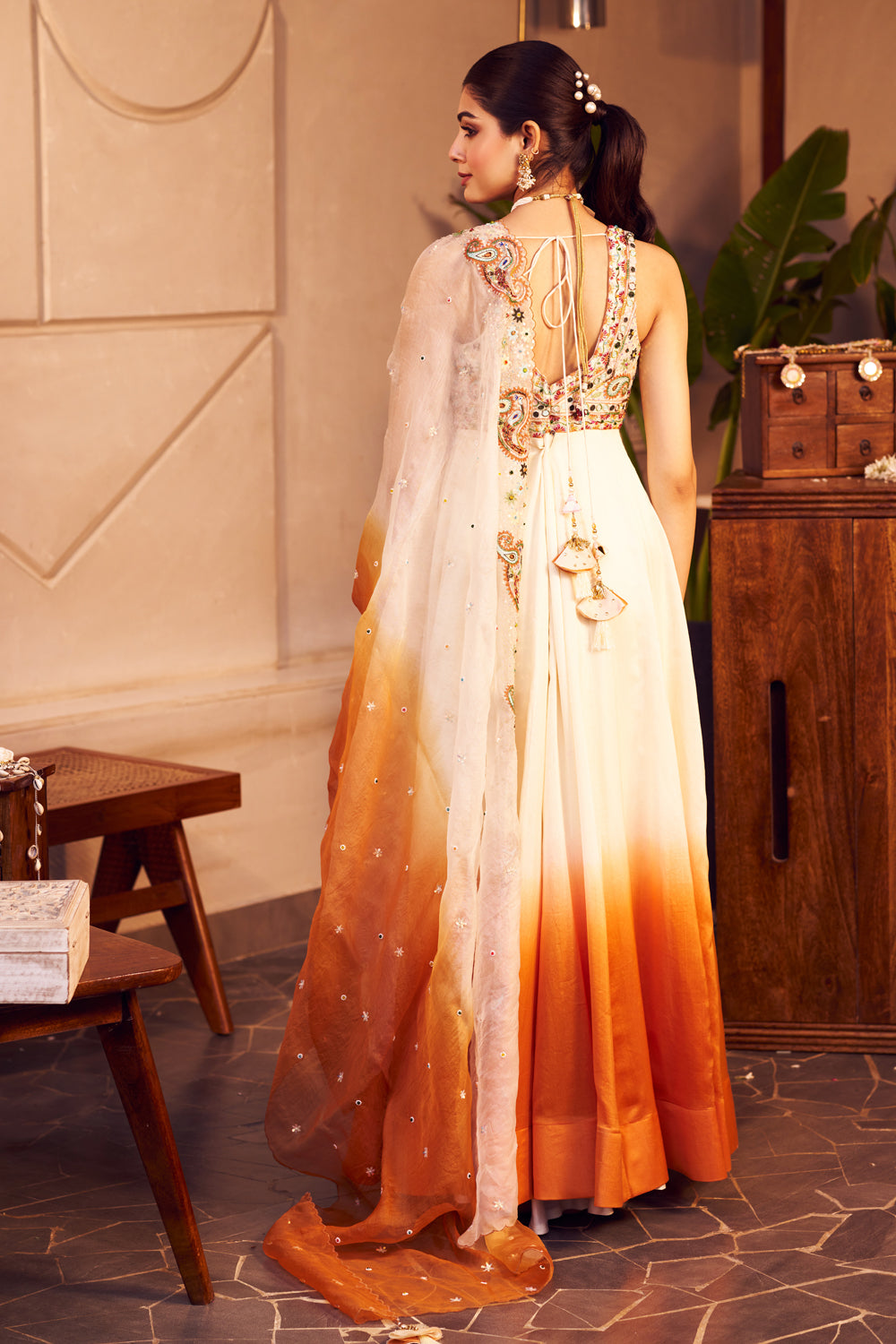 Indira Yellow Kora Organza Paisley Embroidered Cutwork Anarkali With Dupatta