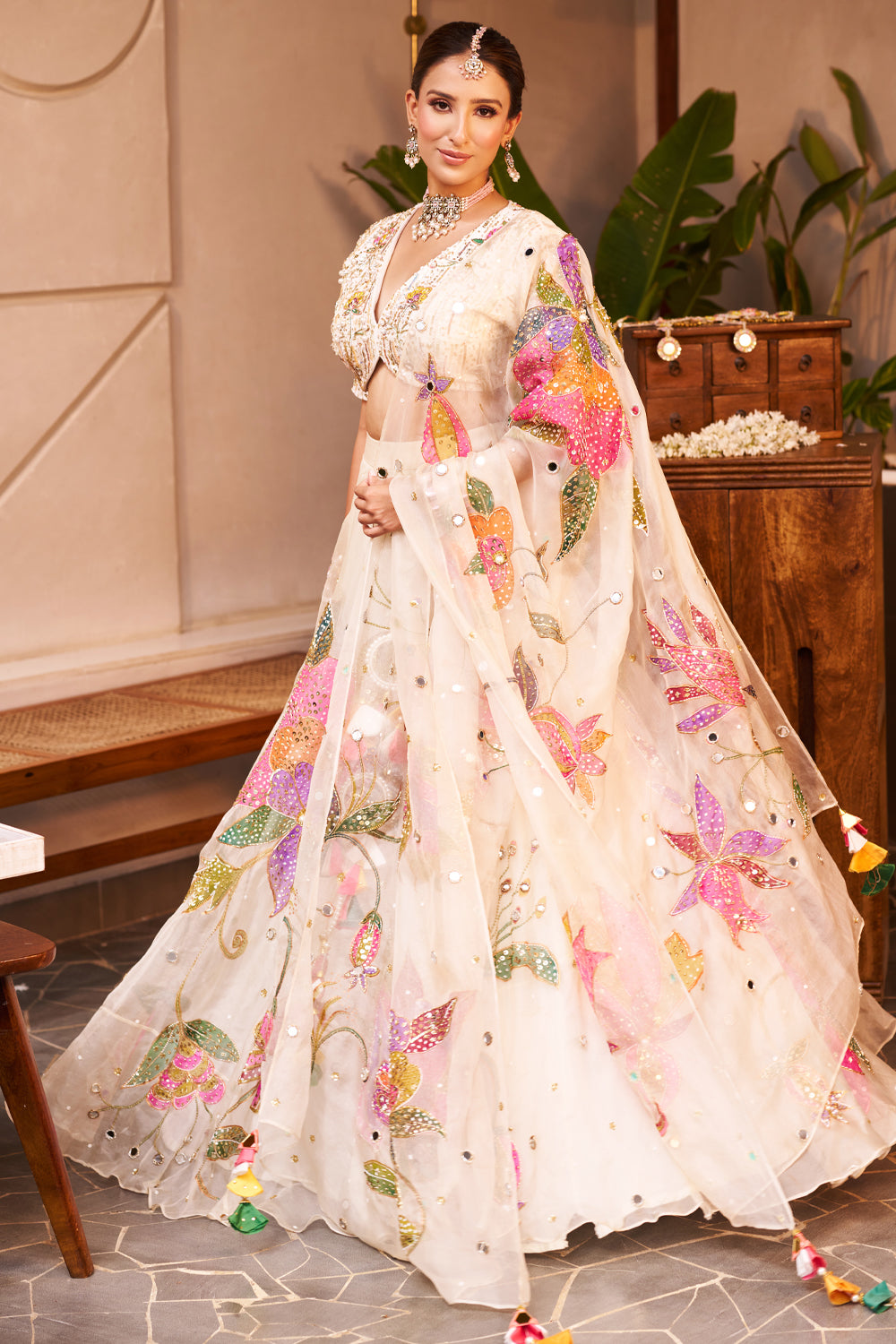 Maya Ivory Kora Organza Hand Paint Floral V-Neck Lehenga Set