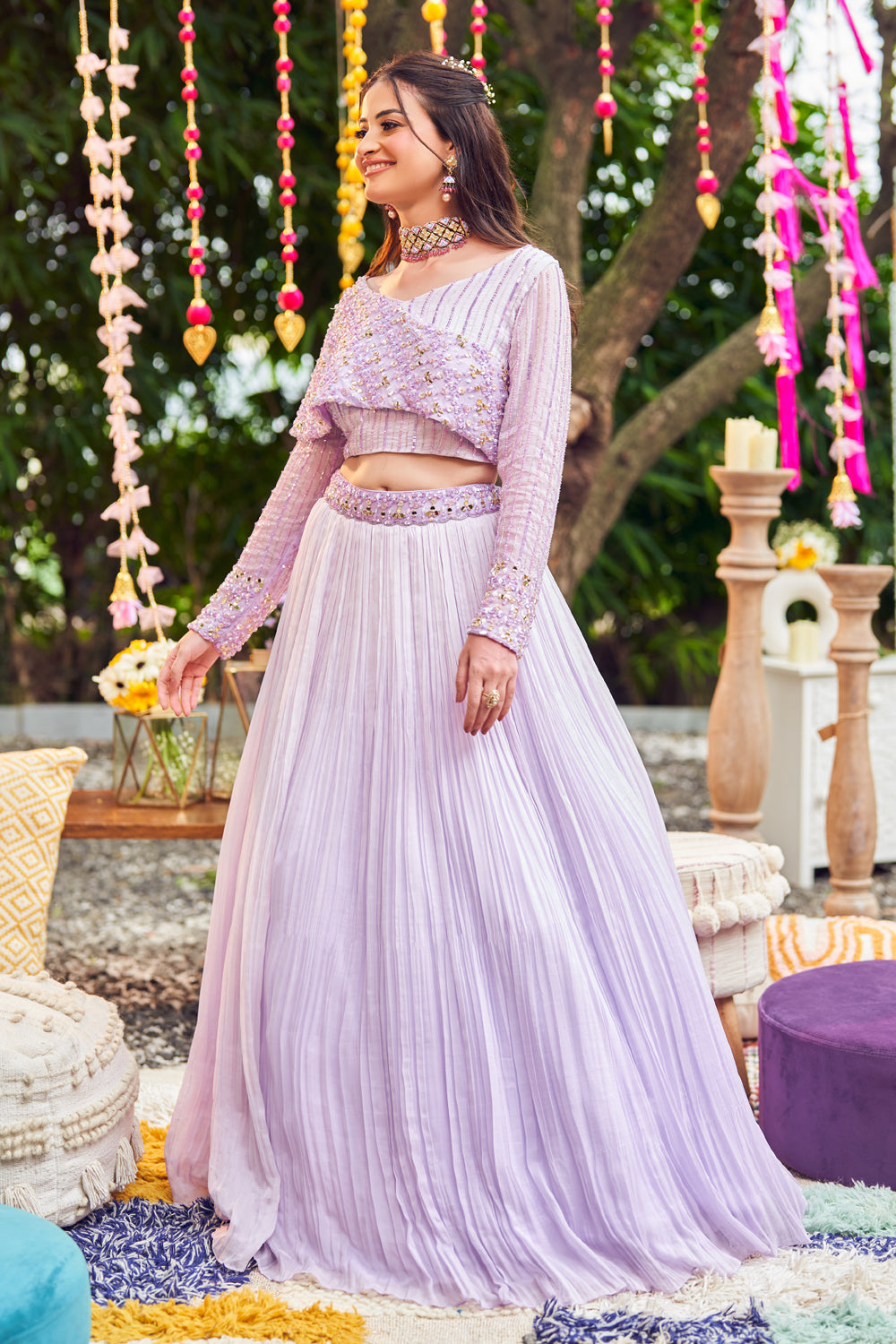 Orchid Purple Organza Lining Shantoon Embroidery Pleated Lehenga With Blouse