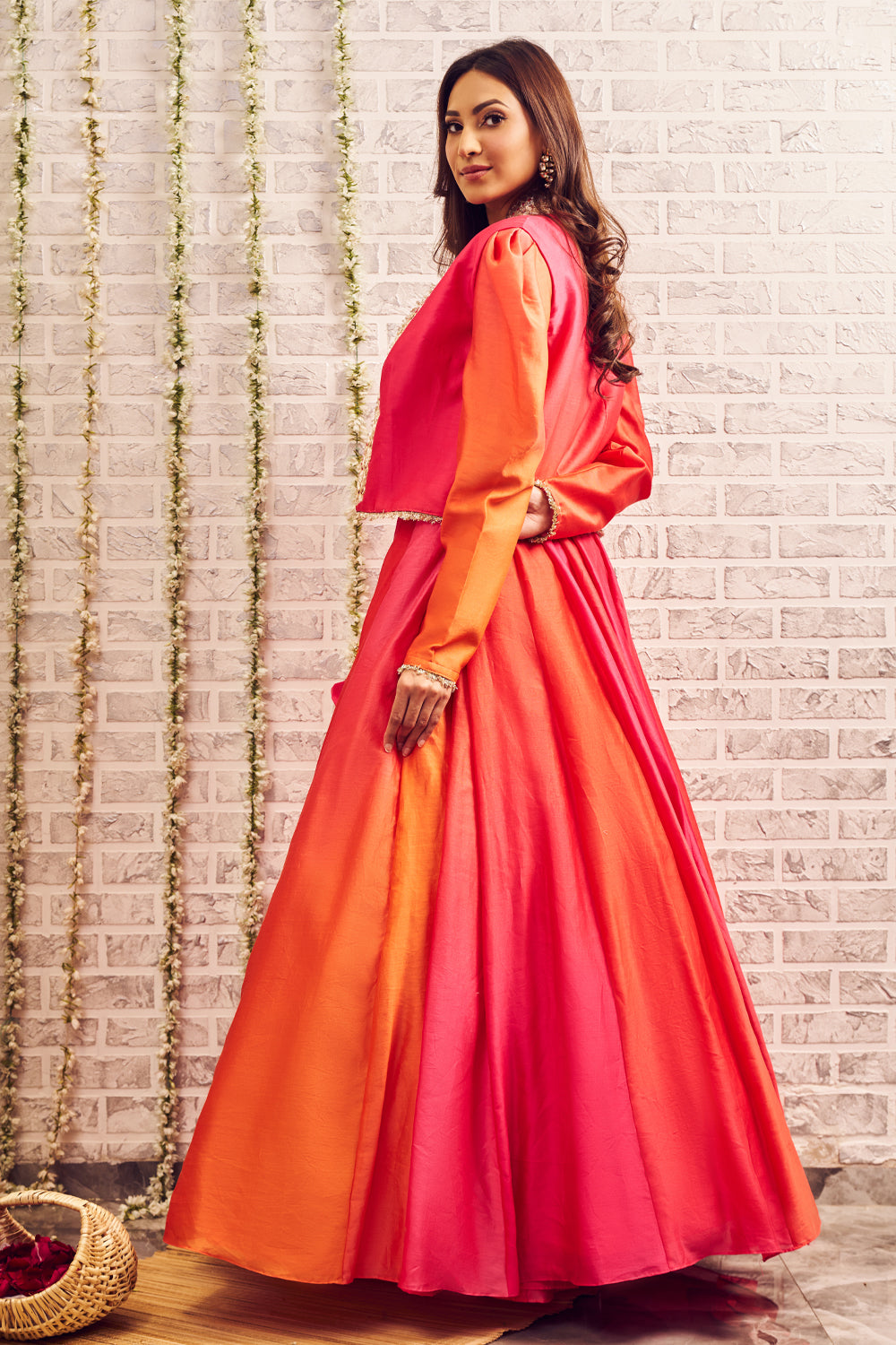 Shagna Riwayaat Orange Pink Chanderi Skirt and Bustier with Jacket