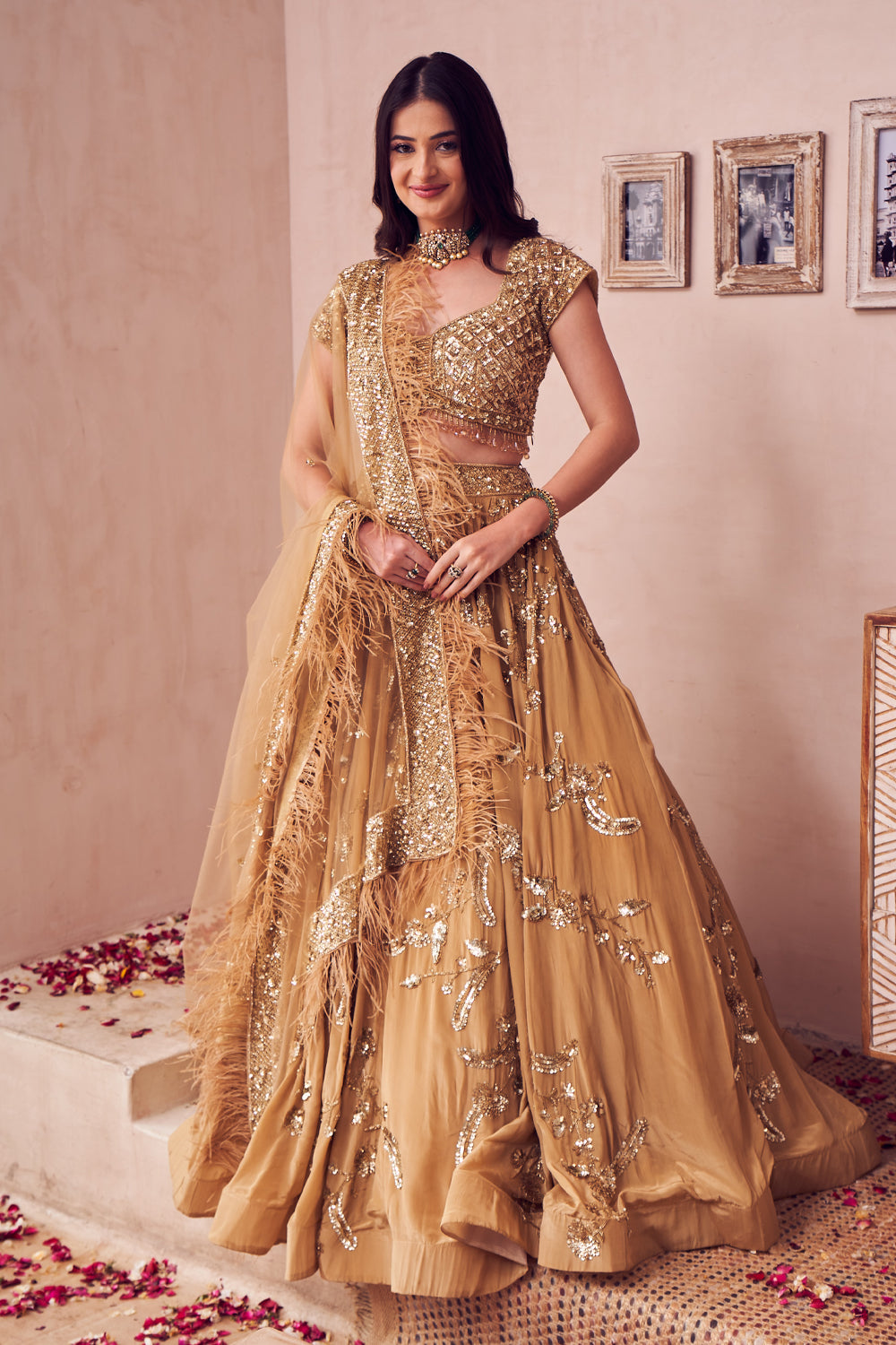Royale Gold Net Embroidery Sequin Sweetheart Neck Ambrosia Bridal Lehenga Set