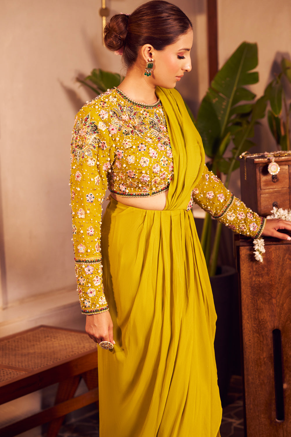 Jasmine Green Georgette Embroidered Thread Border Pre-Draped Saree With Blouse