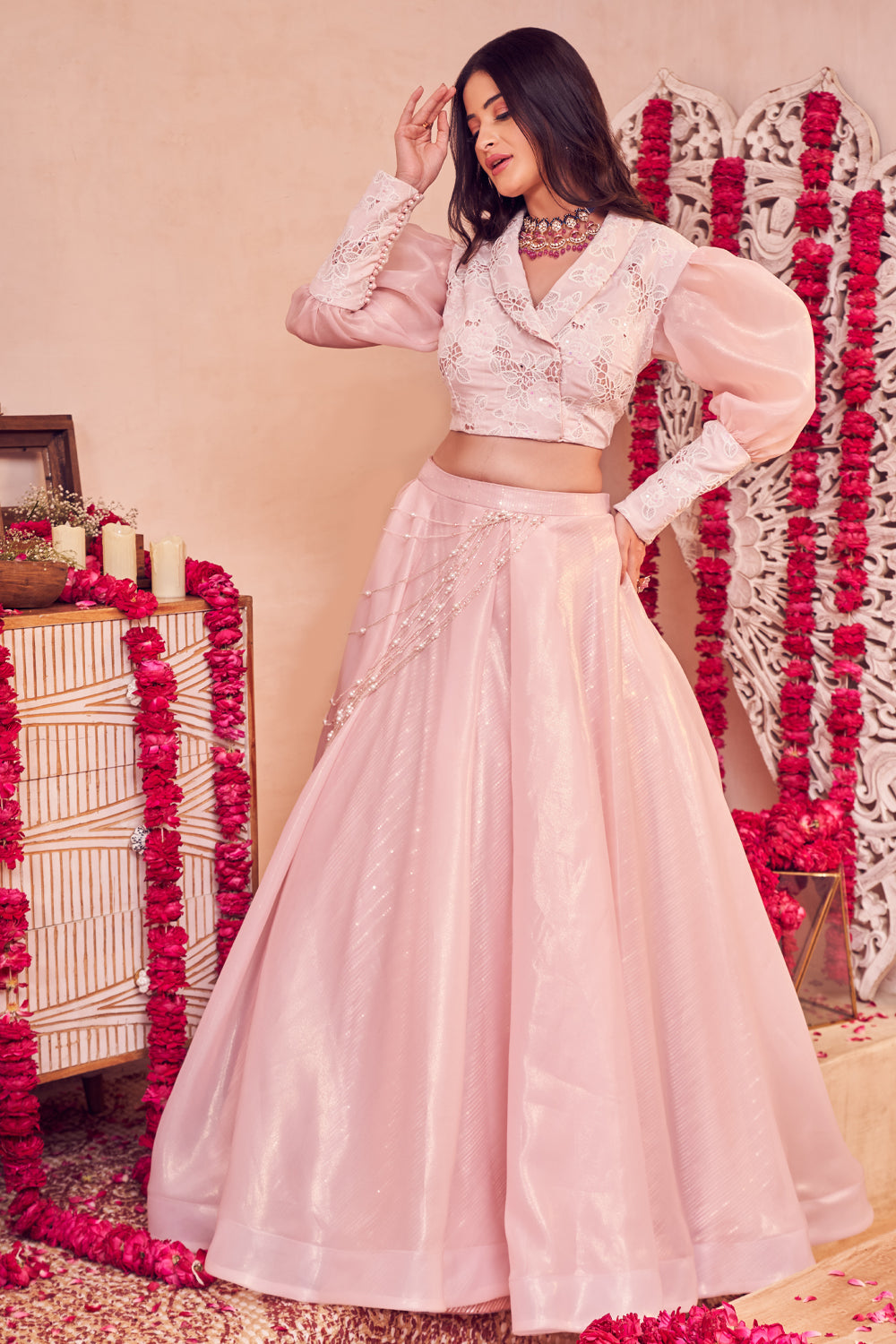 Baby Bloom Lehenga Pink Glass Organza Puff Sleeve Blouse with Lehenga