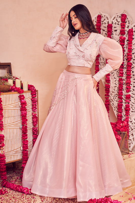 Baby Bloom Lehenga Pink Glass Organza Puff Sleeve Blouse with Lehenga