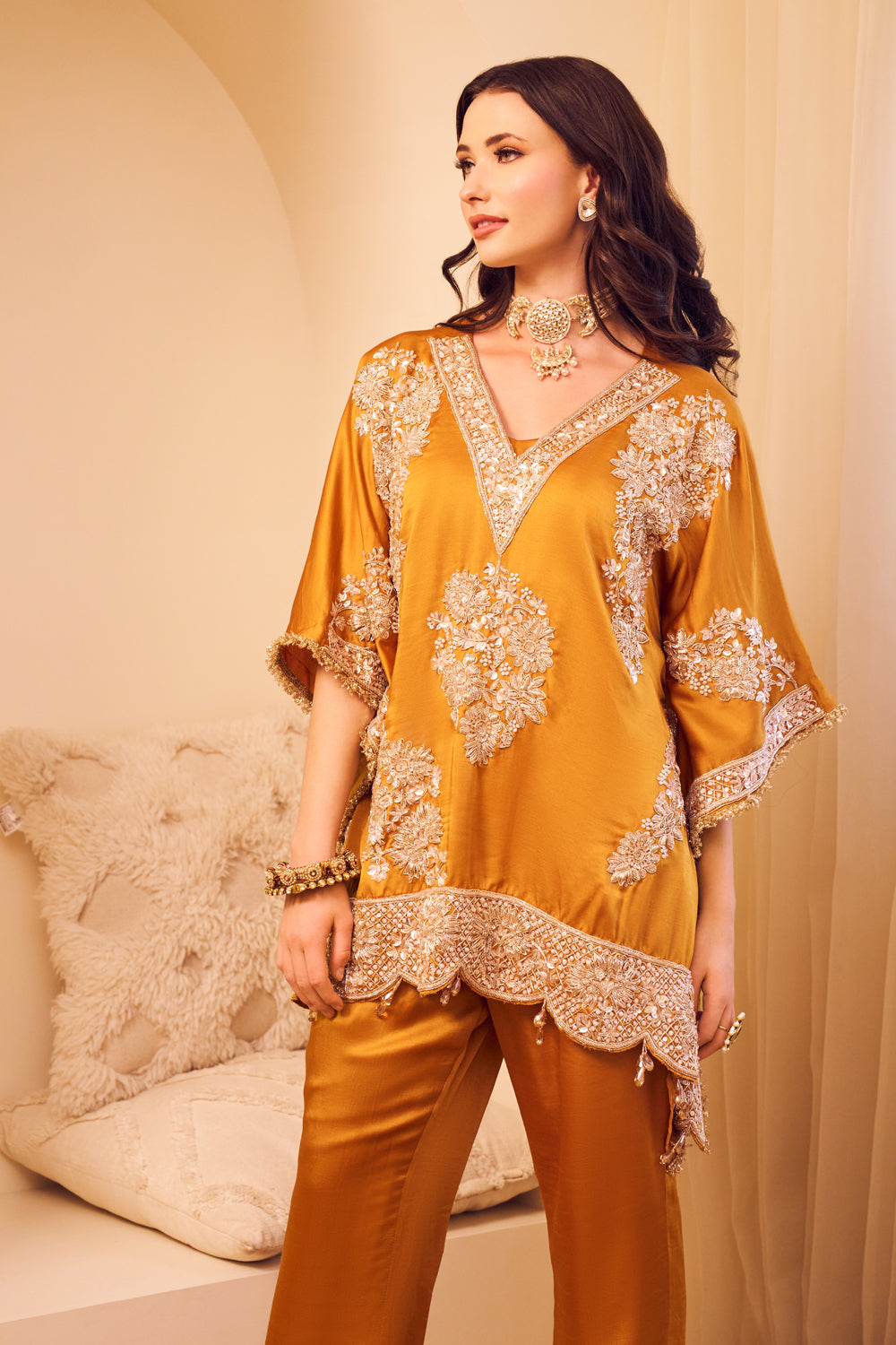 Seher Yellow Satin Silk Lining Shantoon Embroidery Gullista Kaftan With Pant
