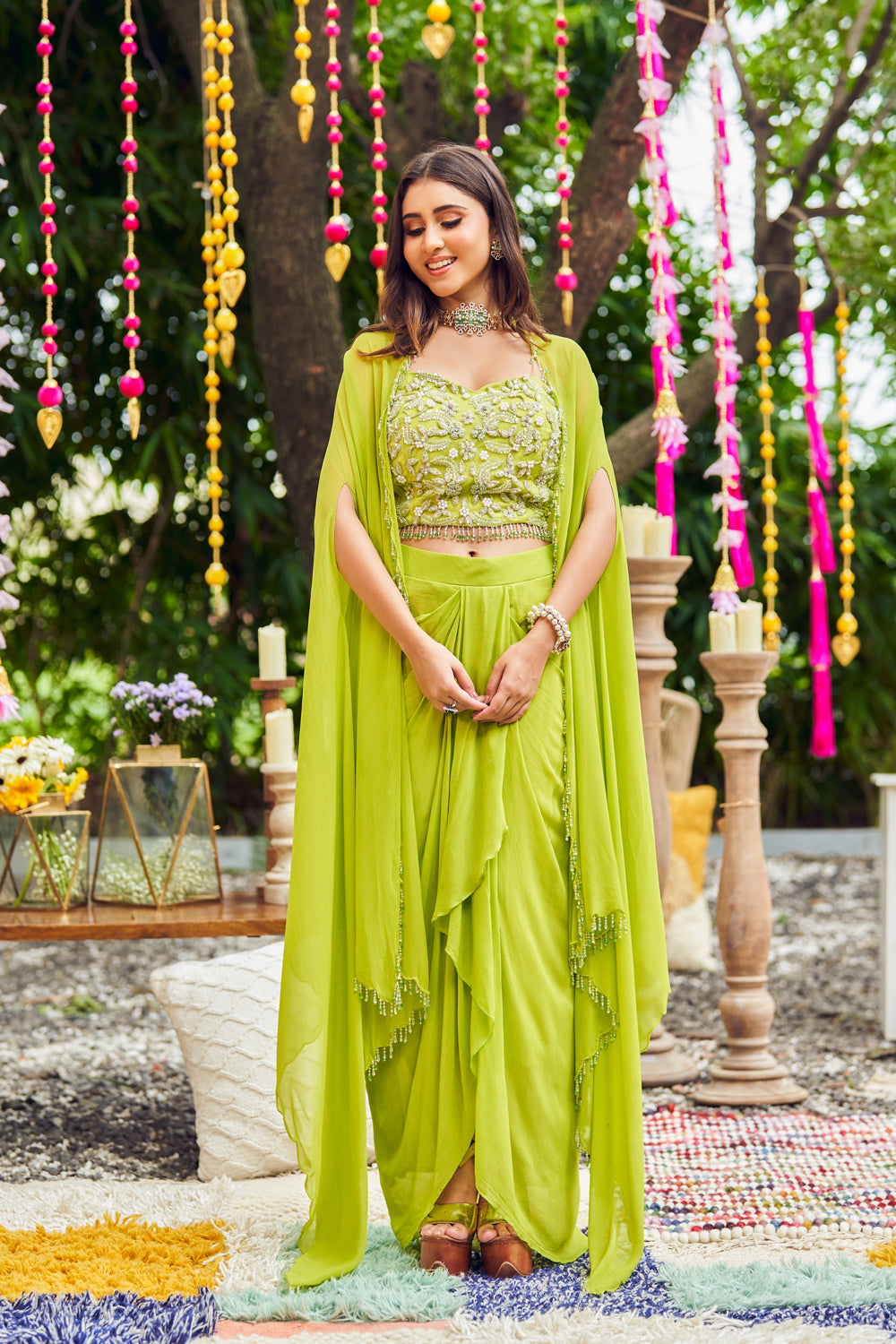 Green Georgette Embroidery Pearls Blouse Floral Crystals And Draped Skirt Set