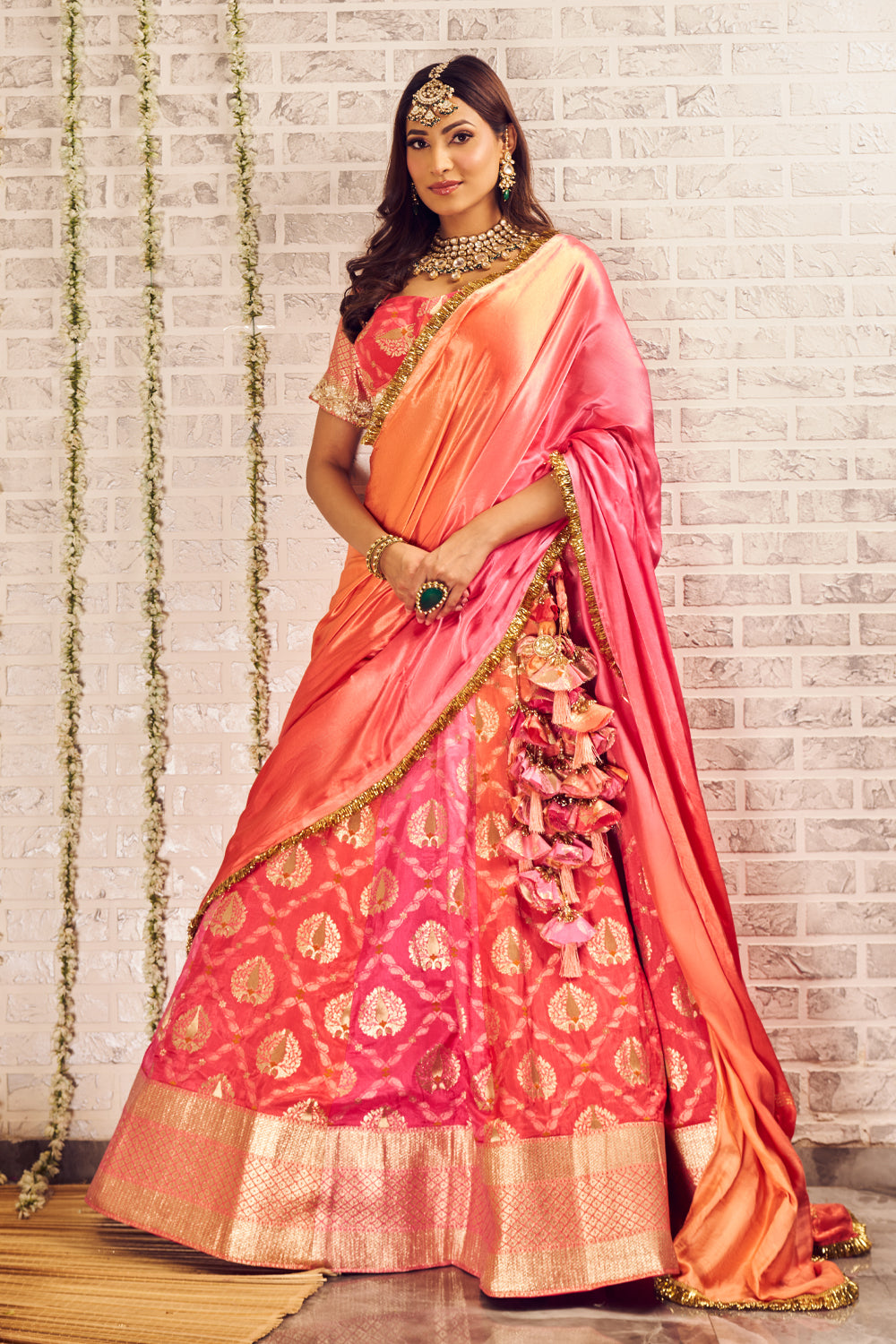 Shagna Moh Pink Orange Banarasi Skirt and Blouse with Dupatta Set