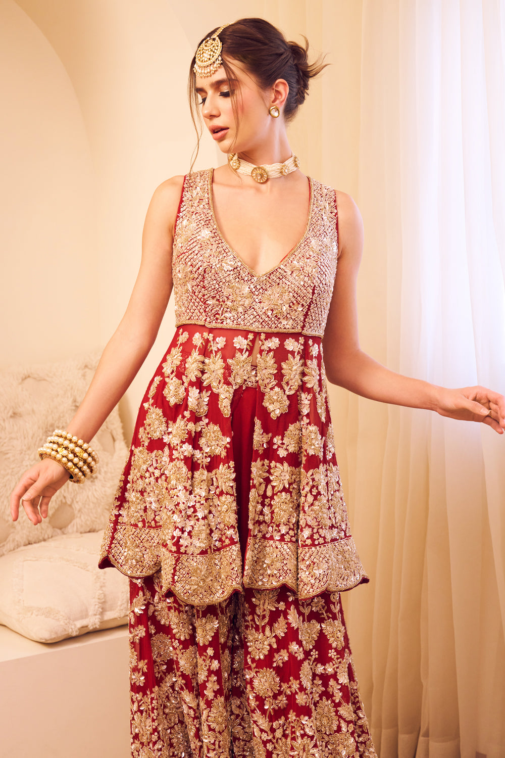 Rooh Maroon Organza Lining Shantoon Gulshan Peplum Kurti With Sharara