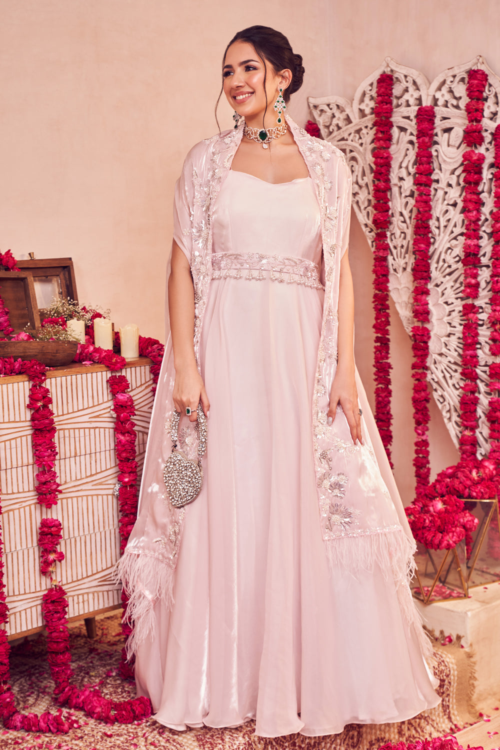 Blush Blossom Gown Pink Glass Orgnaza Embellished Gown with Cape