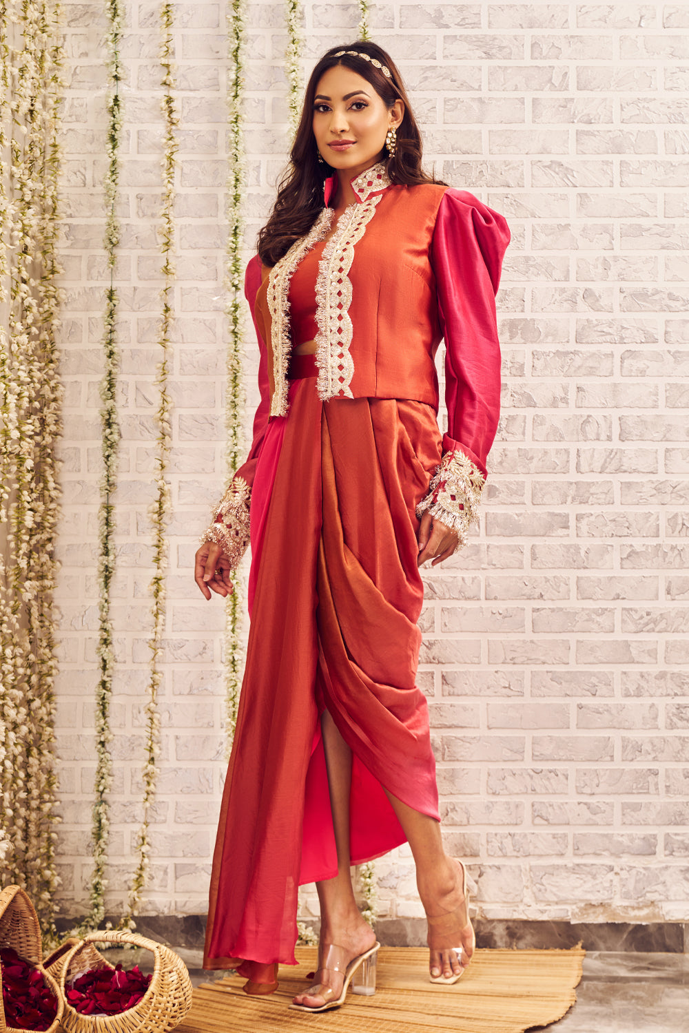 Shagna Raabta Orange Pink Chanderi Dhoti Skirt and Bustier with Jacket