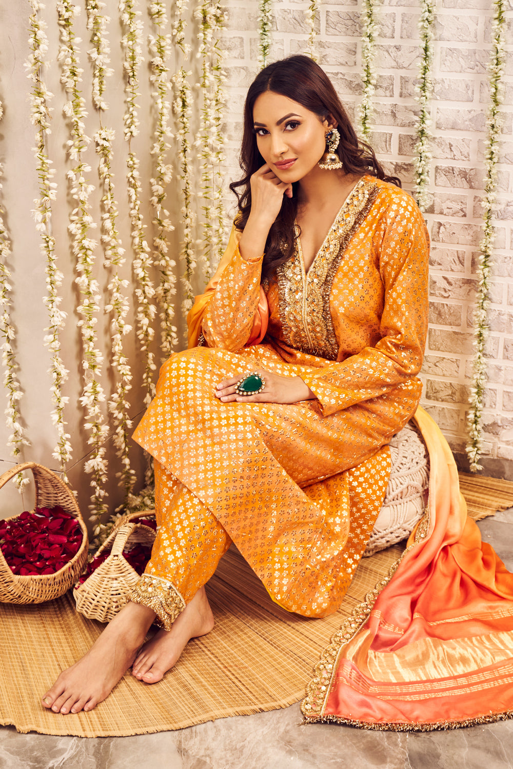 Shagna Sitaare Yellow Banarasi Kurti and Pants with Chanderi Dupatta Set