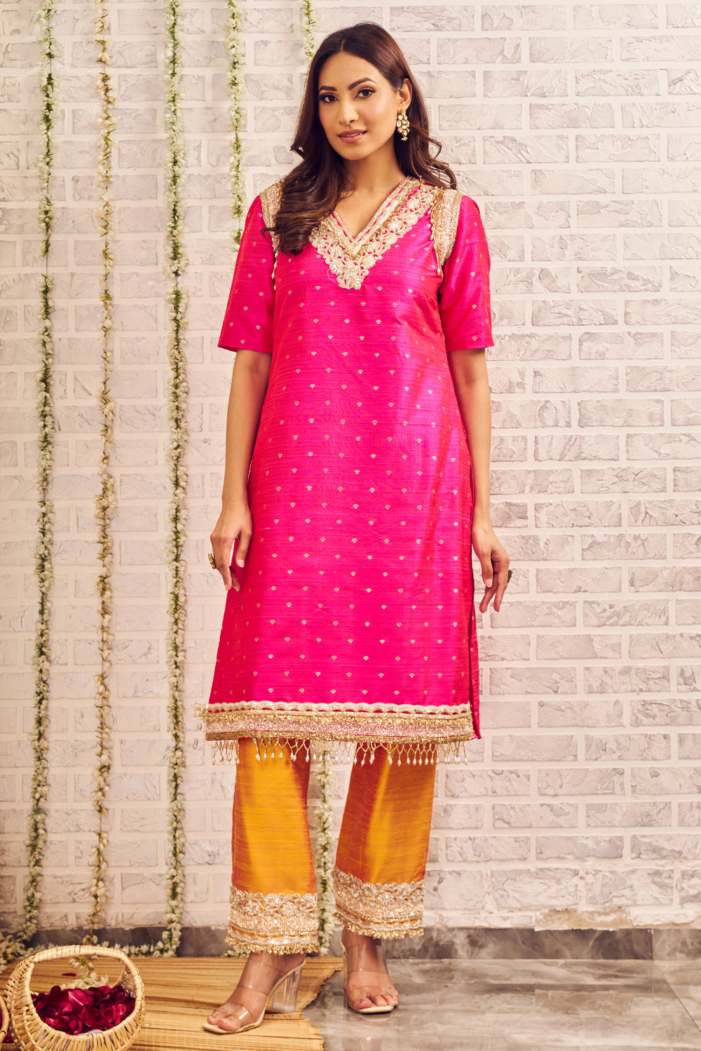 Shagna Suramya Pink Yellow Banarasi Kurti with Pants Set