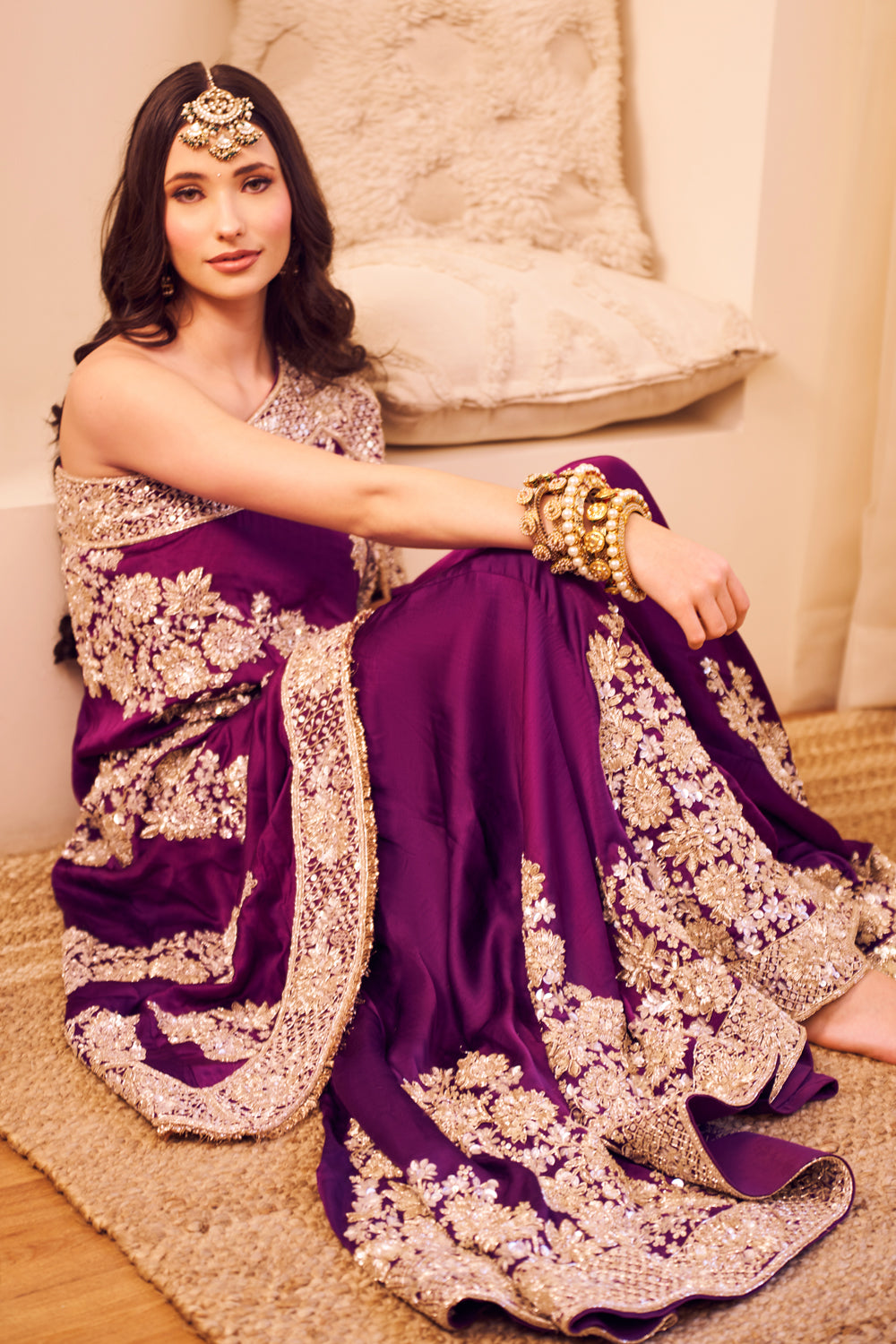 Swarna Purple Satin Silk Lining Shantoon Embroidery Rooh Bahar Kaftan With Sharara