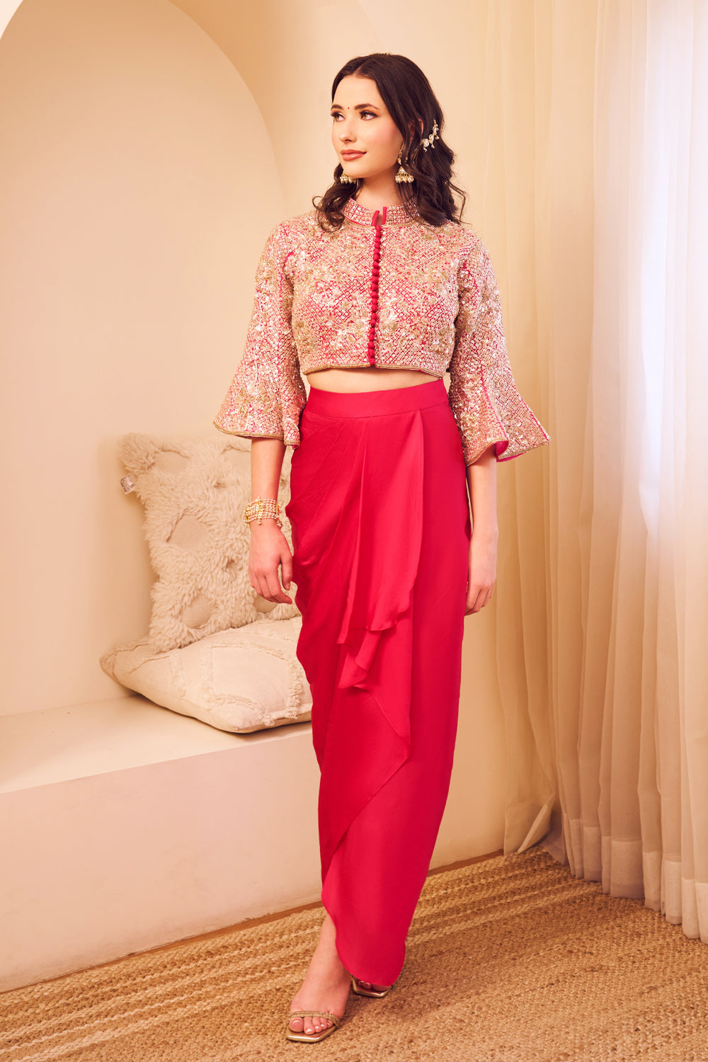 Masakali Hot Pink Satin Silk Lining Shantoon Bloom Blouse With Draped Skirt