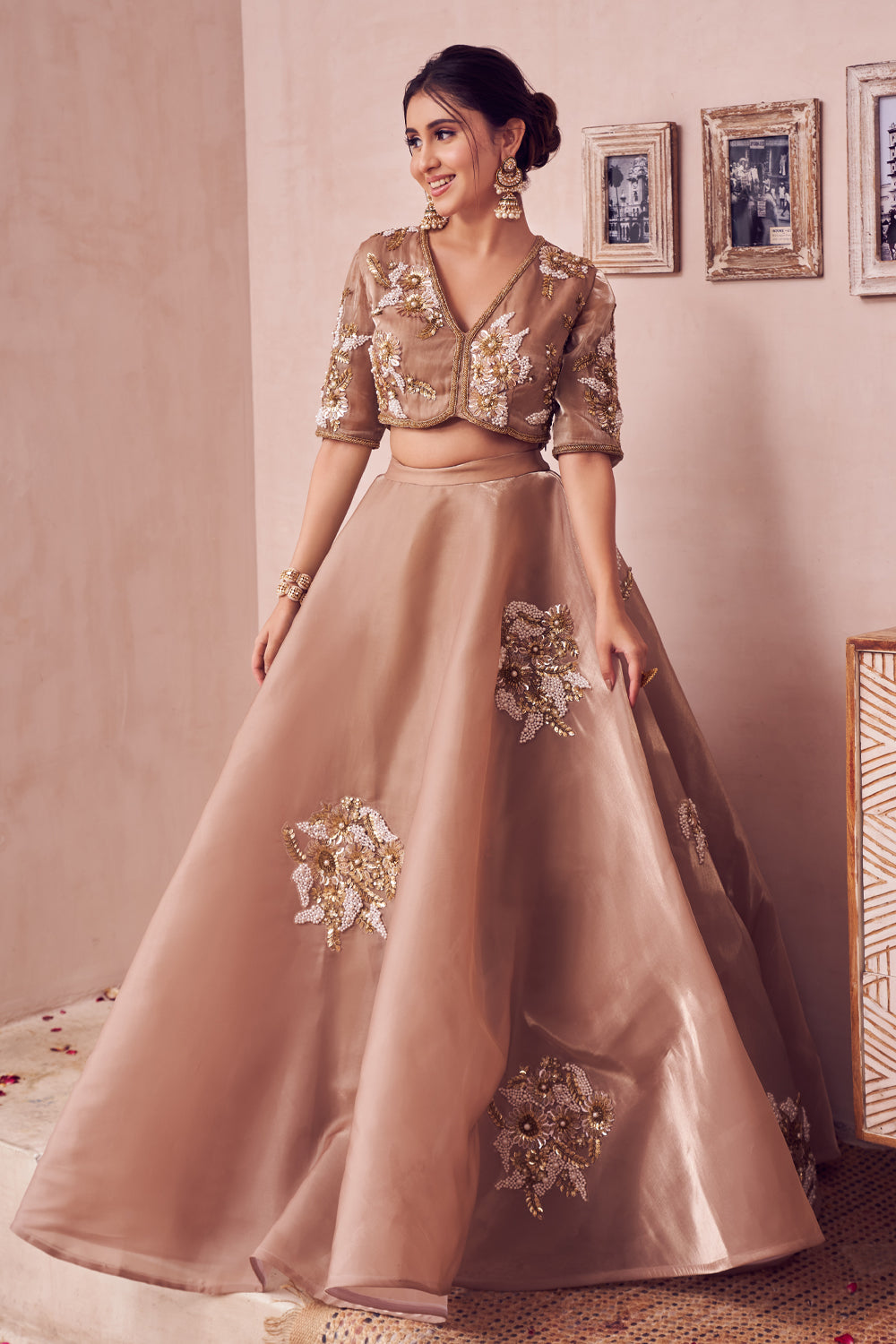 Glass Gold Radiance Glass Organza Lining Shantoon Embroidery Lehenga Set