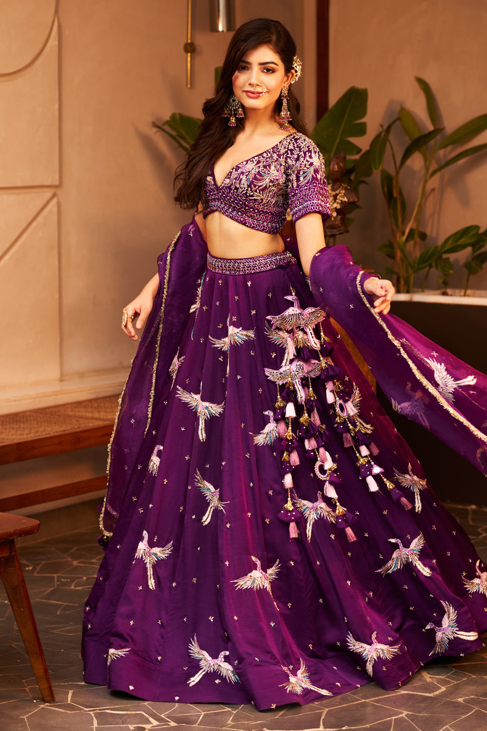 Indrani Purple Dupion Silk Bird V-Neck Embellishment & Embroidered Lehenga Set