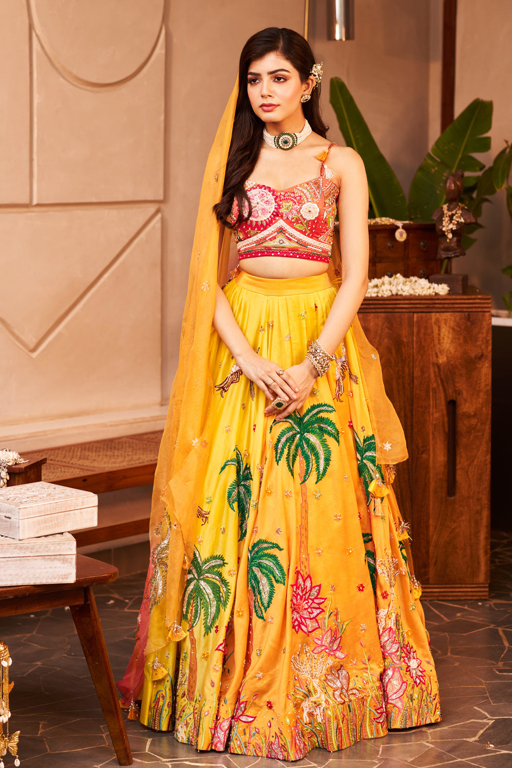 Aditi Yellow Chanderi Embroidered Thread Nature Patchwork Lehenga Set
