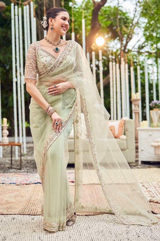 Jade Elegance Green Net Embroidery Sequin Sweetheart Neck Flora Border Saree With Blouse