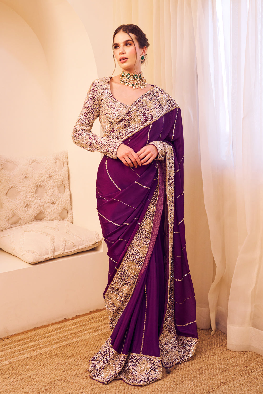 Riyaaz Purple Organza Lining Shantoon Phool Bahar Border Saree With Blouse