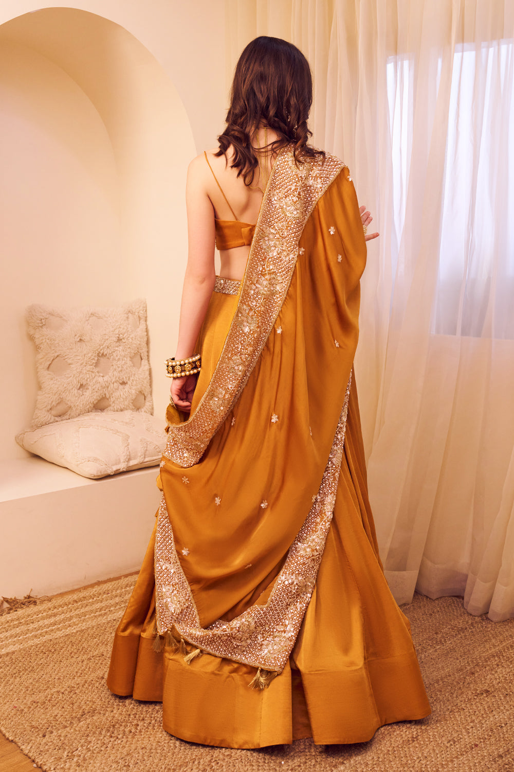 Aashiyaan Mustard Satin Silk Lining Shantoon Gul Jaal Waistband Lehenga Set