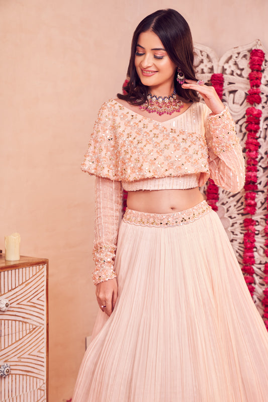 Peach Temptation Lehenga Organza Full Sleeves Embellished Lehenga with Blouse