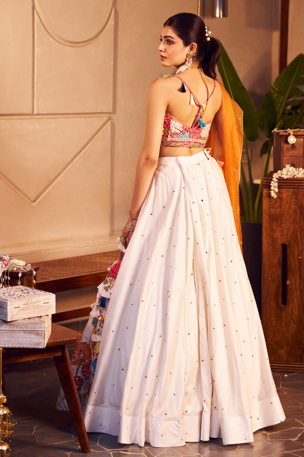 Tamannah Ivory Chanderi Embroidered Thread Square Floral Patchwork Lehenga Set