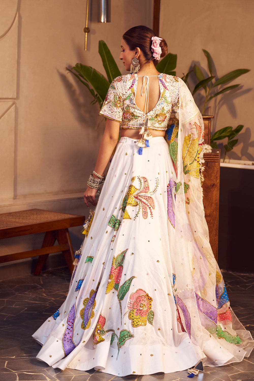 Rukmini Ivory Kora Organza Embellished & Painted Lehenga Set