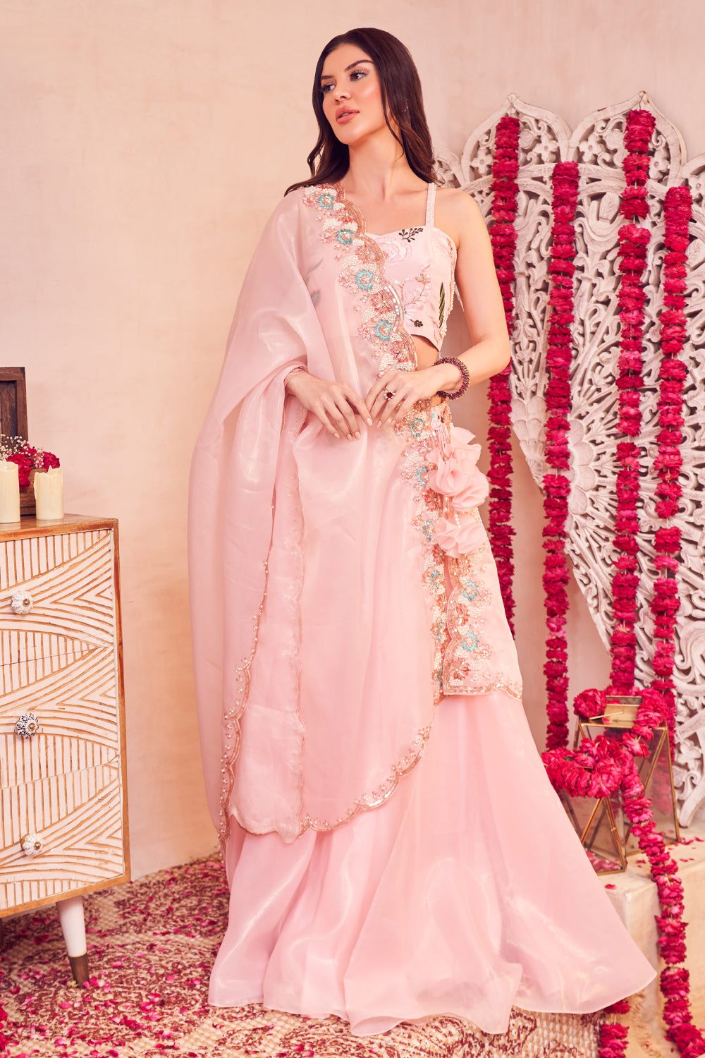 Floral Bubble Set Pink Organza Embroidered and Embellished Lehenga Set with Blouse