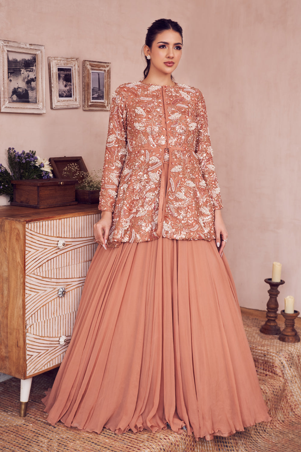Magical Rose Gold Lining Shantoon Embellished Peplum Blouse With Lehenga