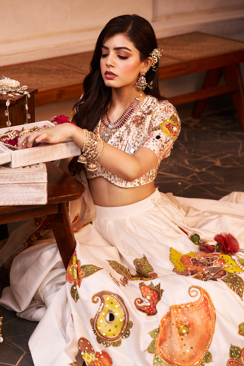 Shehnaaz Ivory Kora Organza Cutdana Embellishment & Embroidered Lehenga Set