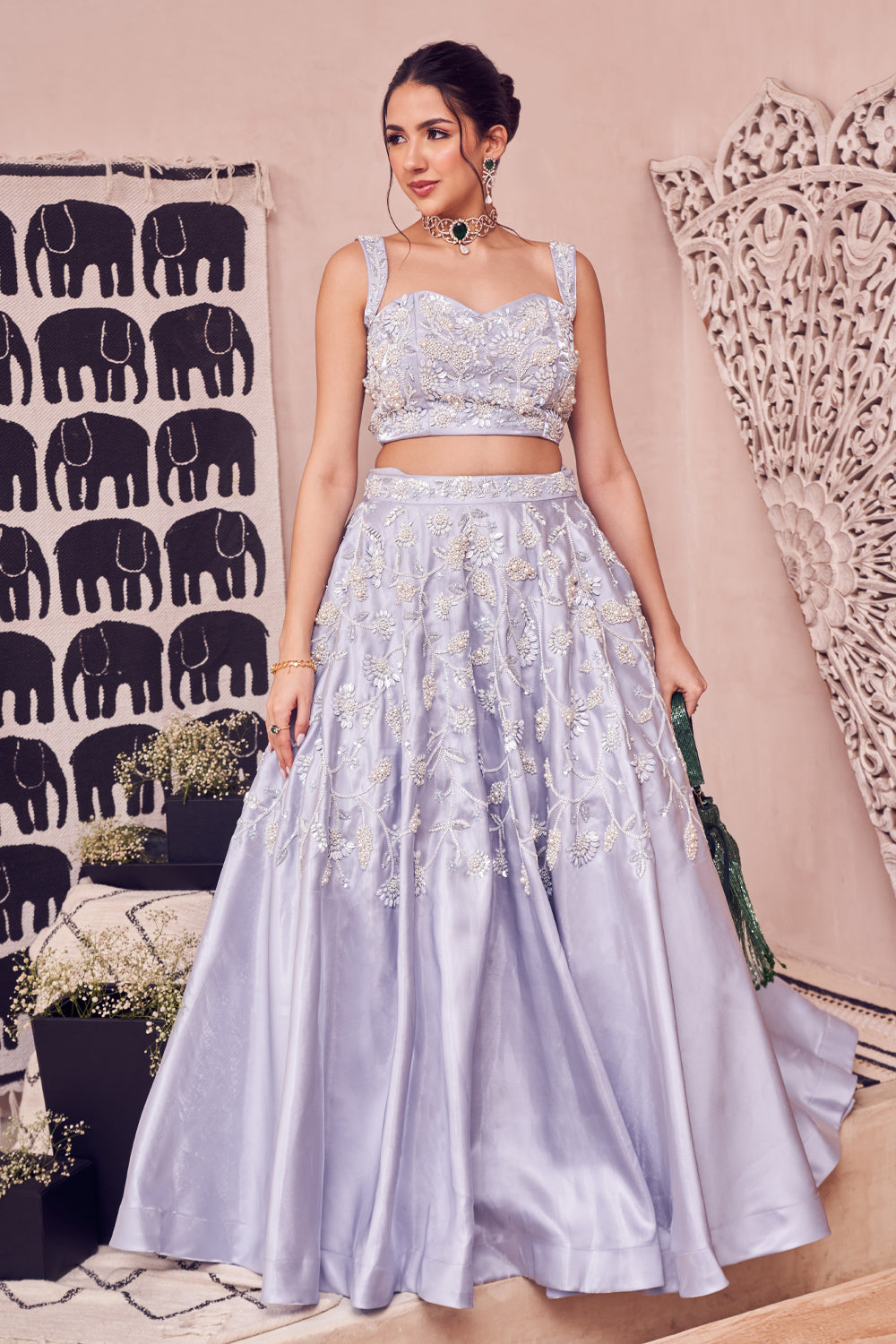 Blue Pearl Glass Satin Hand Embellished Floral Sweetheart Lehenga Set