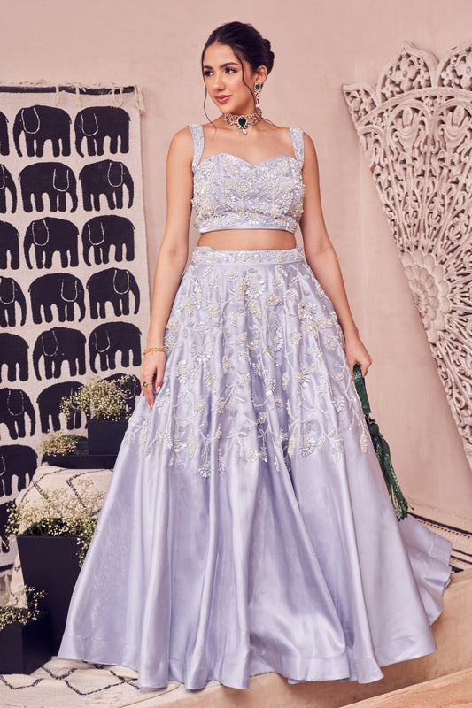 Blue Pearl Glass Satin Hand Embellished Floral Sweetheart Lehenga Set