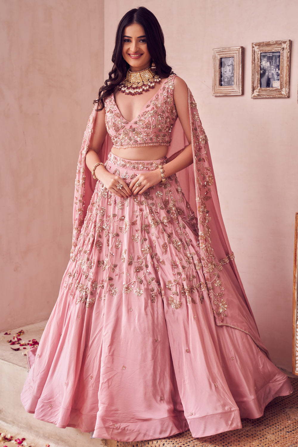 Floral Fountain Pink Crepe Lining Shantoon Embroidery Bridal Lehenga Set
