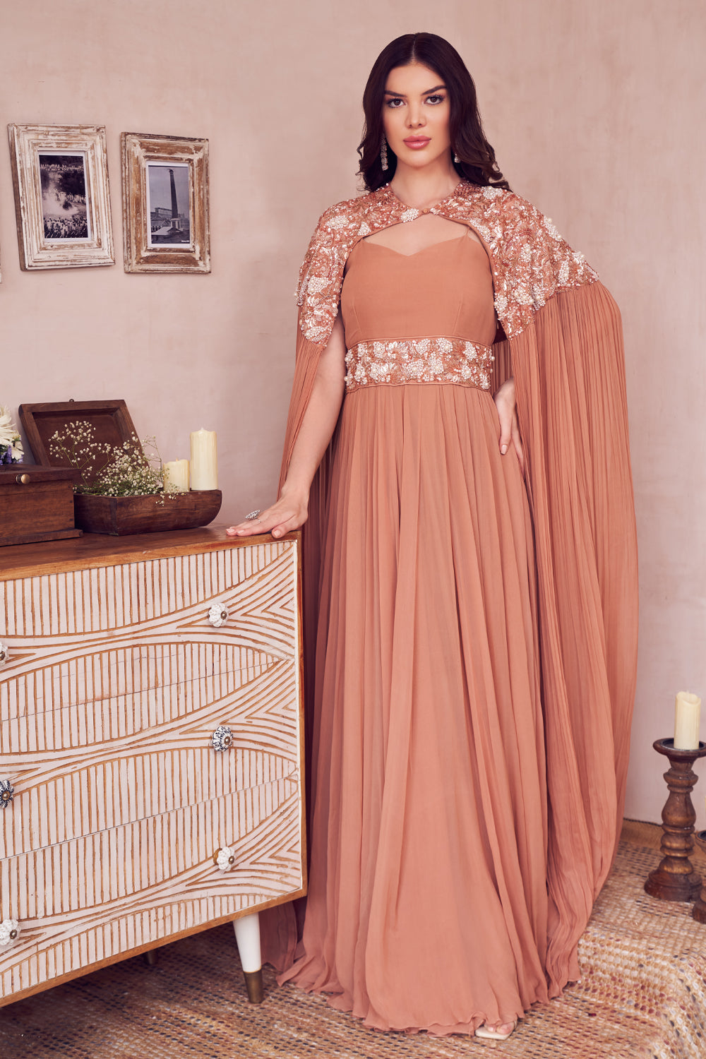 Evening Skies Rose Gold Georgette Embellished Pearl Sweetheart Gown With Cape